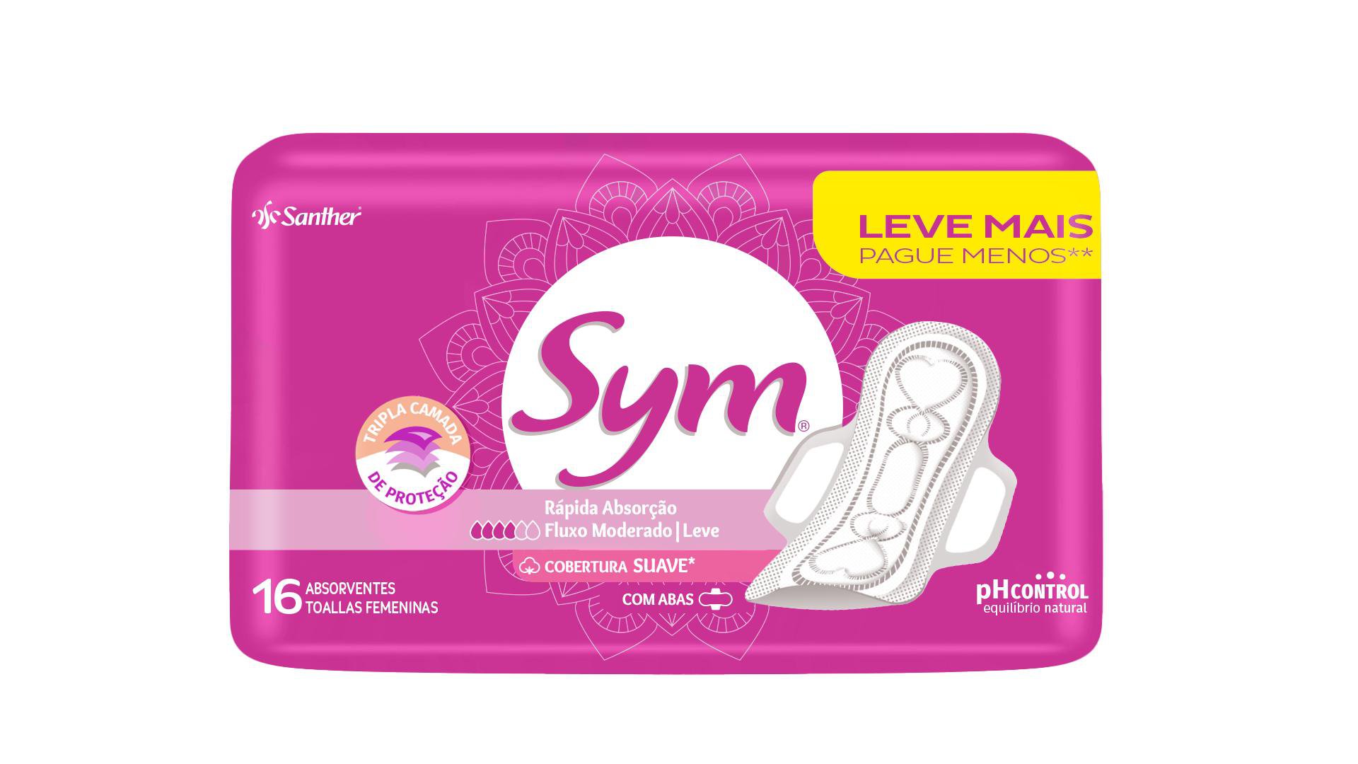 Absorvente Sym Cobertura Suave C/ Abas 16 Un Leve Mais Pague Menos