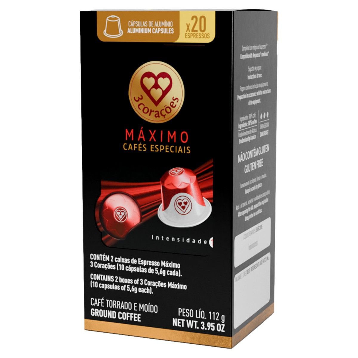 Pack Capsula Cafe Intensidade Maxima 3 Coracoes Compativel C/ Nespresso 20 Unid