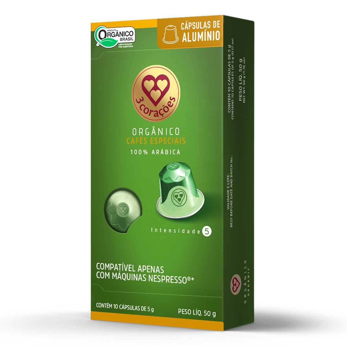 Capsula Cafe Organico Compativel C/ Nespresso 3 Coracoes 10 Unid