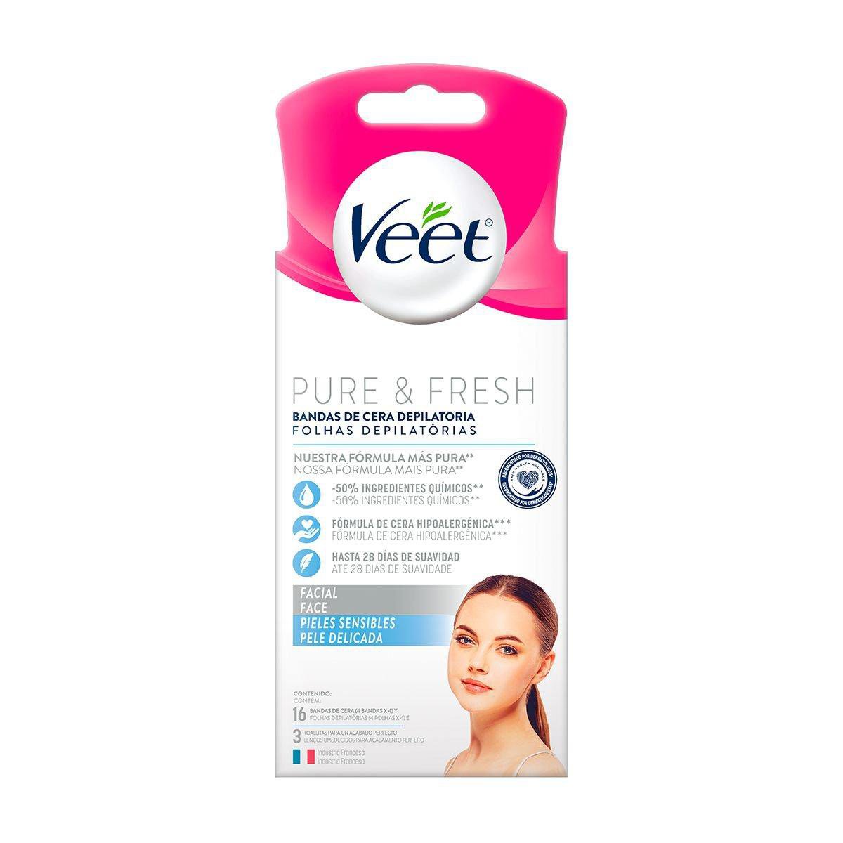 Cera Fria Para Depilacao Facial Veet Pure & Fresh Pele Delicada C/ 16 Folhas Depilatorias