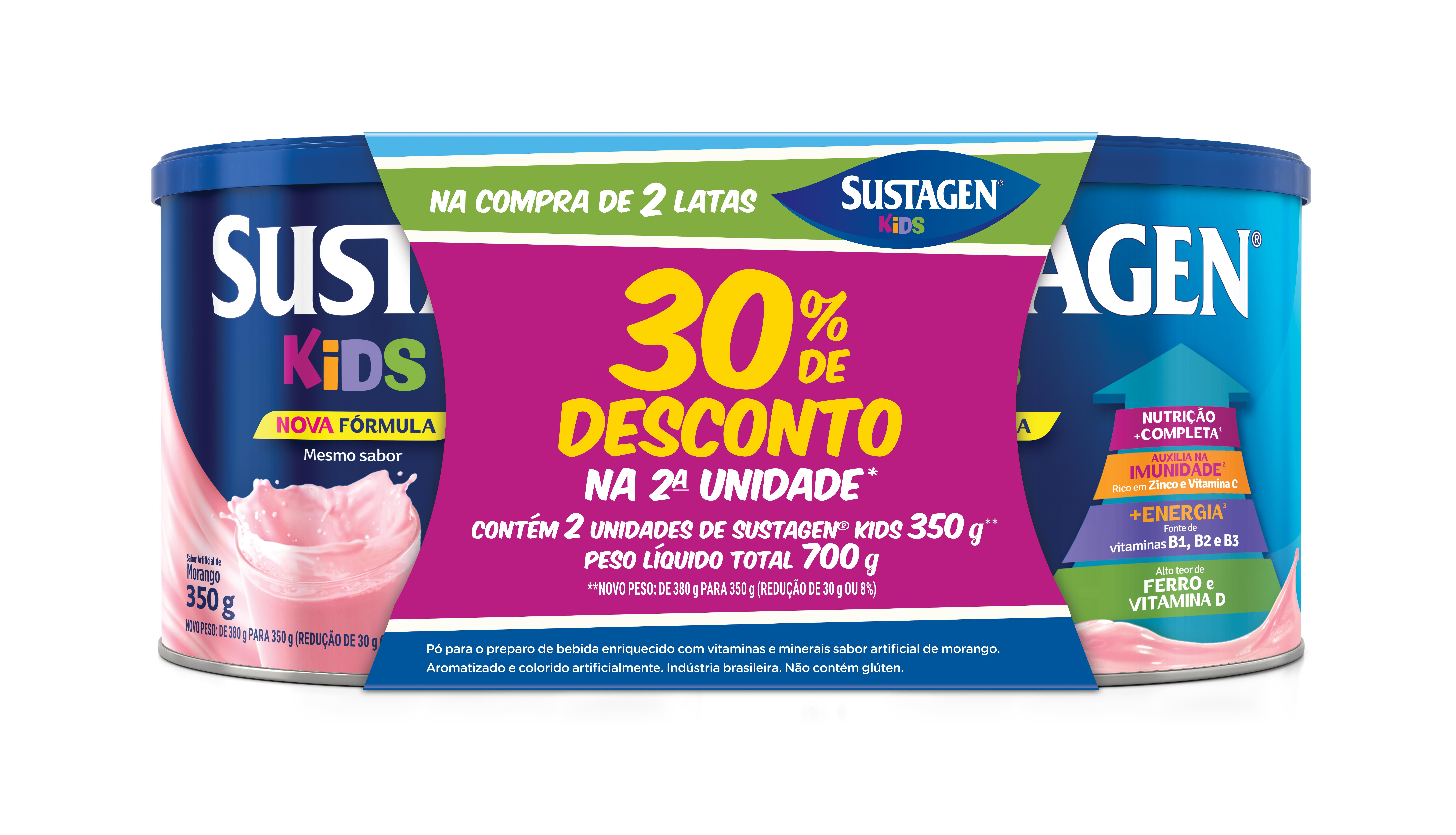 Sustagen Kids Complemento Alimentar Sabor Morango - Kit Lata 2X350G 30% Off