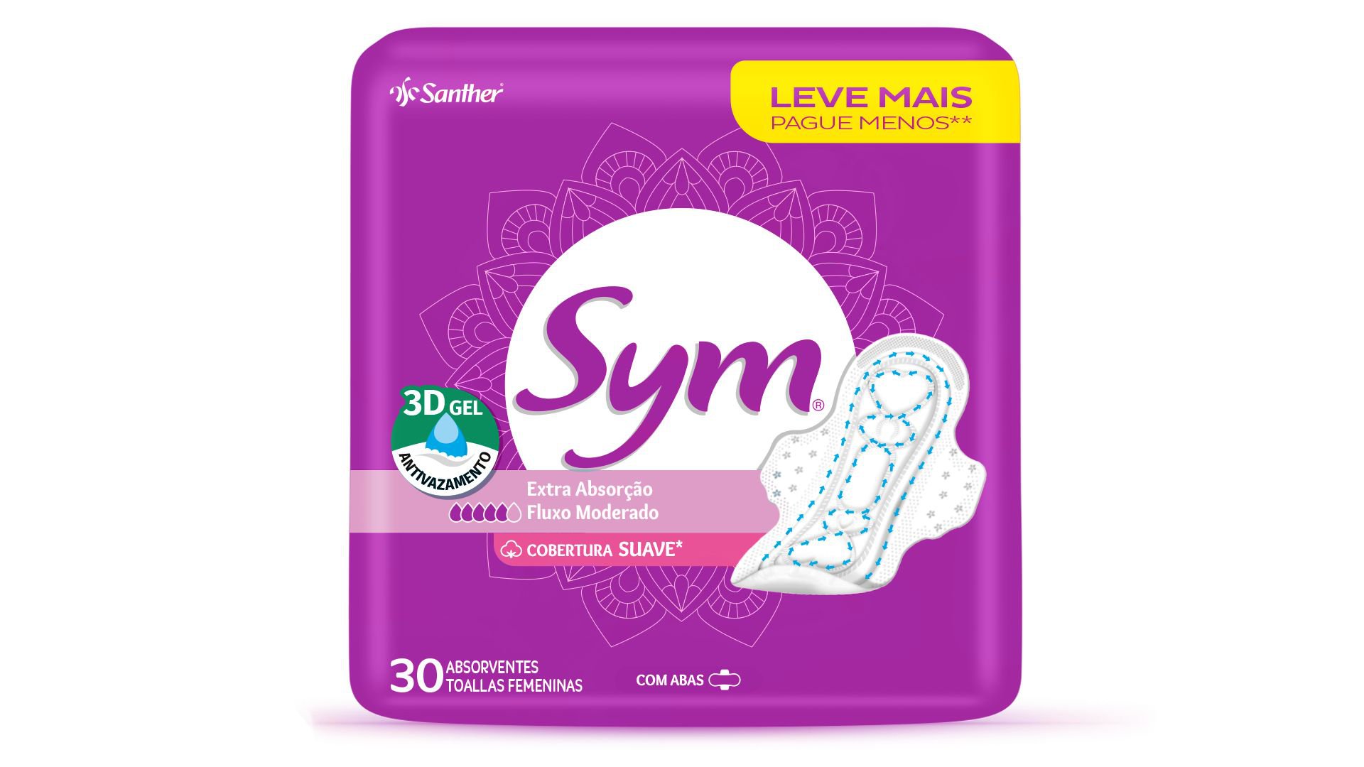 Absorvente Sym Cobertura Suave 3D Gel C/ Abas C/ 30 Un Leve Mais Pague Menos