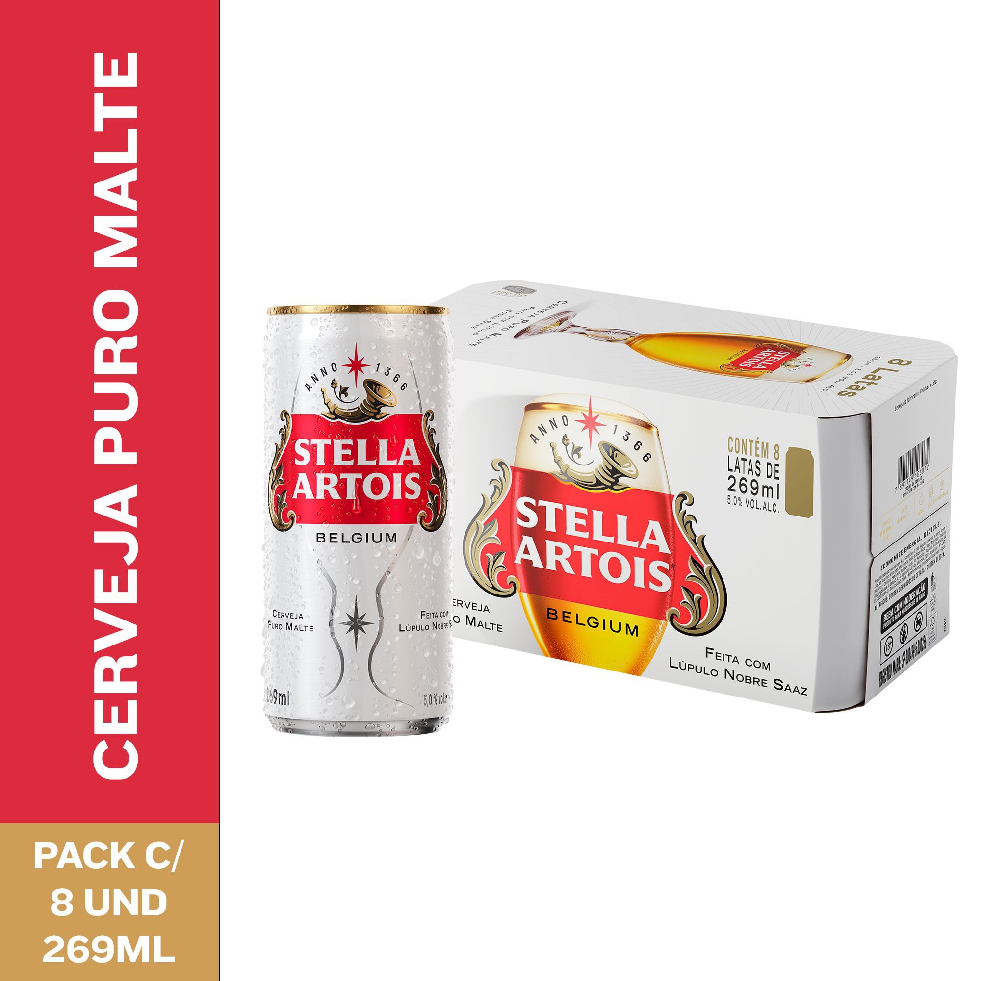 Cerveja Stella Artois Puro Malte 269Ml Lata Pack C/8
