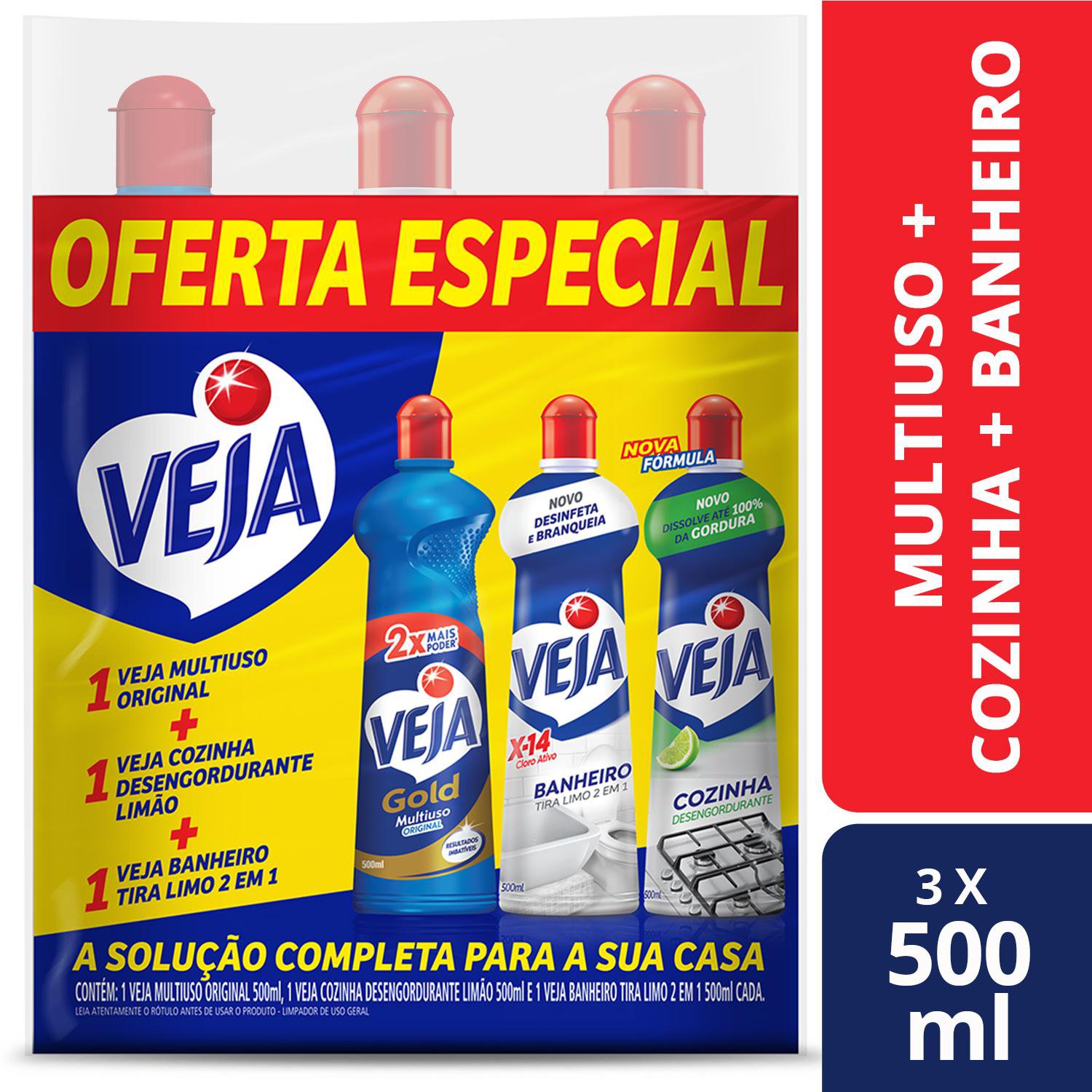 Kit Veja - 1 Limpadores Multiuso Orig 500Ml + 1 Limpador Cozinha Desengordurante Limao 500Ml + 1 Limpador Banheiro Tira Limo 500Ml