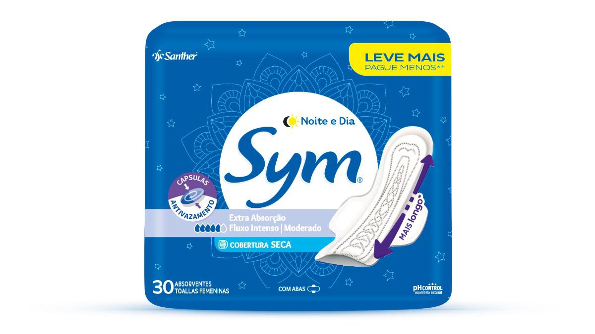 Absorvente Sym Noite&Dia Cobertura Seca C/ Abas C/ 30 Un Leve Mais Pague Menos