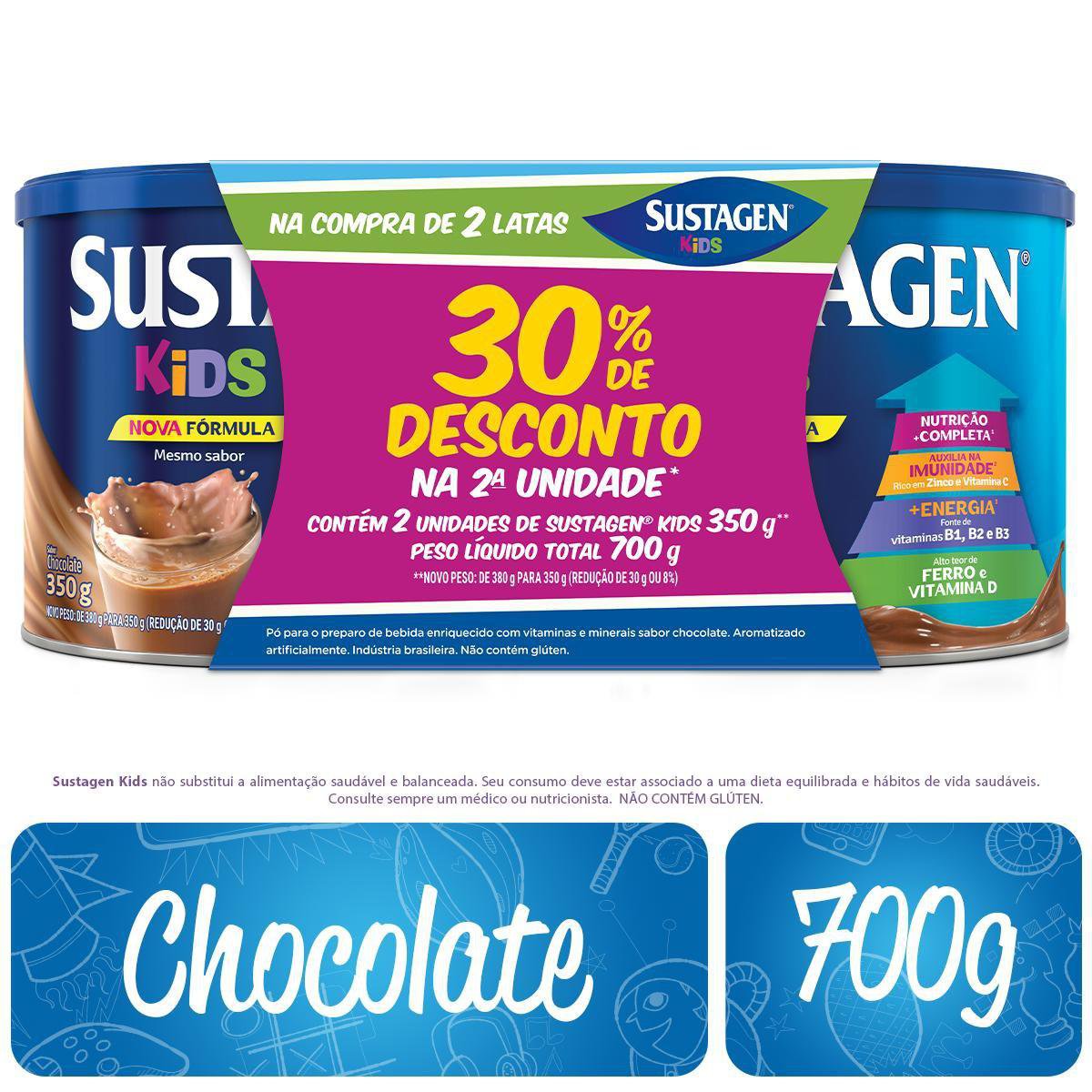 Sustagen Kids Complemento Alimentar Sabor Choc - Kit Lata 2X350G 30% Off