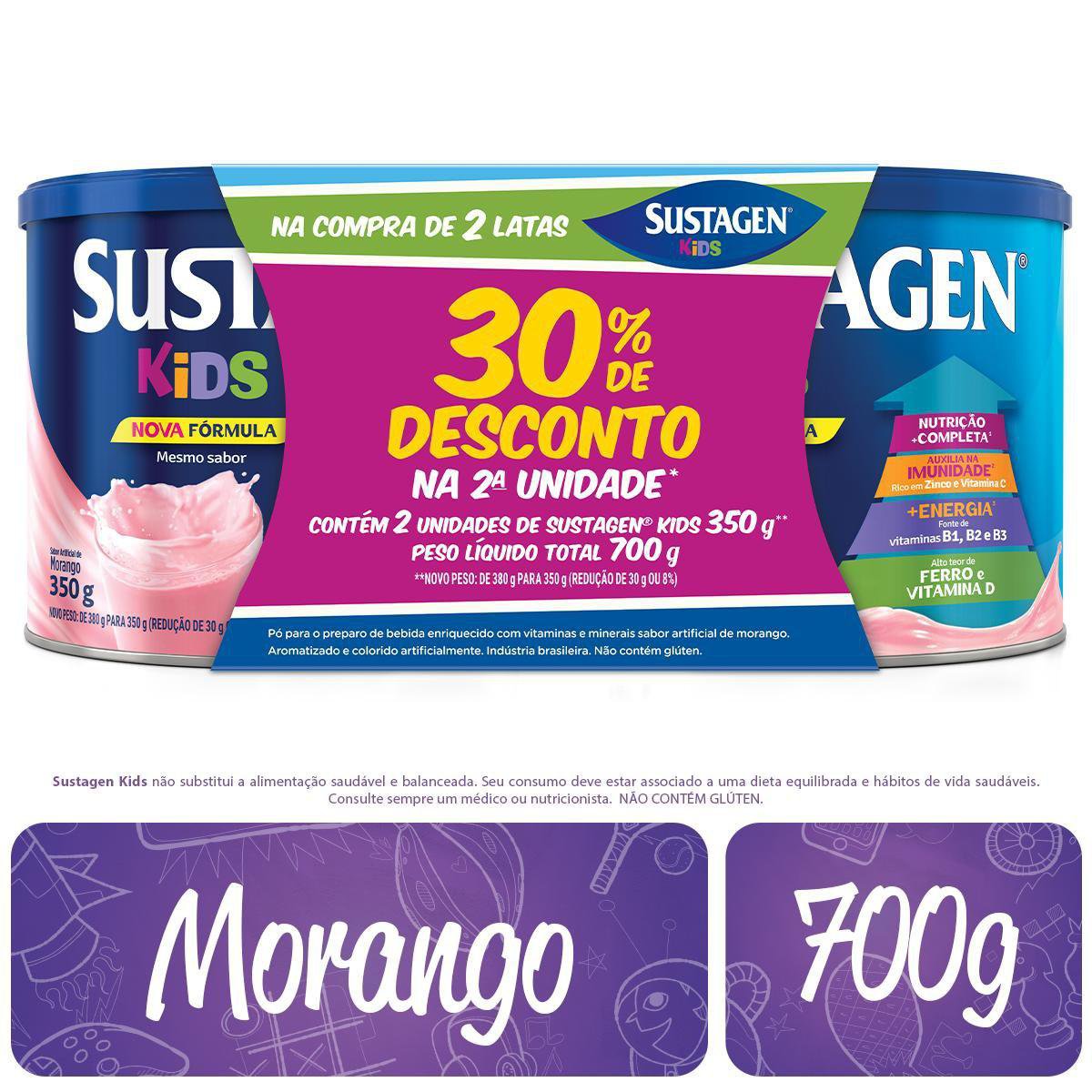 Sustagen Kids Complemento Alimentar Sabor Morango - Kit Lata 2X350G 30% Off