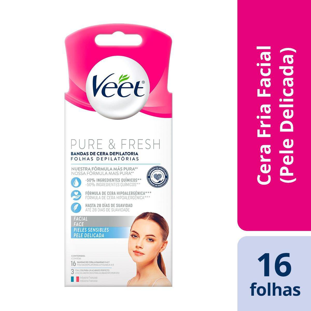 Cera Fria Para Depilacao Facial Veet Pure & Fresh Pele Delicada C/ 16 Folhas Depilatorias