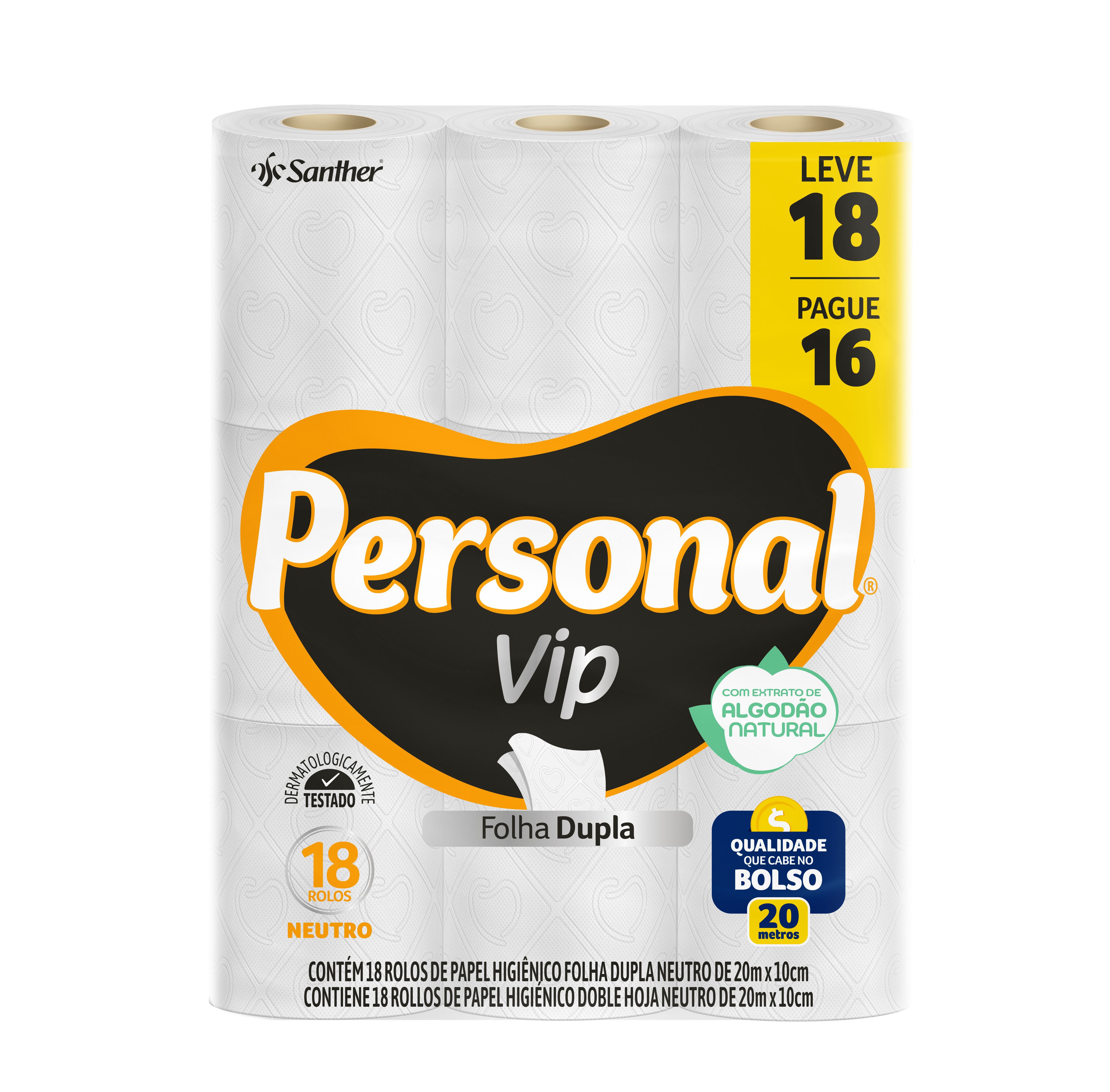 Papel Higienico Personal Vip Folha Dupla Neutro C/ 18 Rolos 20 Metros