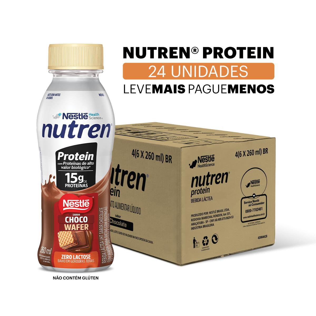 Bebida Lactea Nutren Protein 15G Proteinas Chocowafer 260Ml - Caixa C/ 24 Un