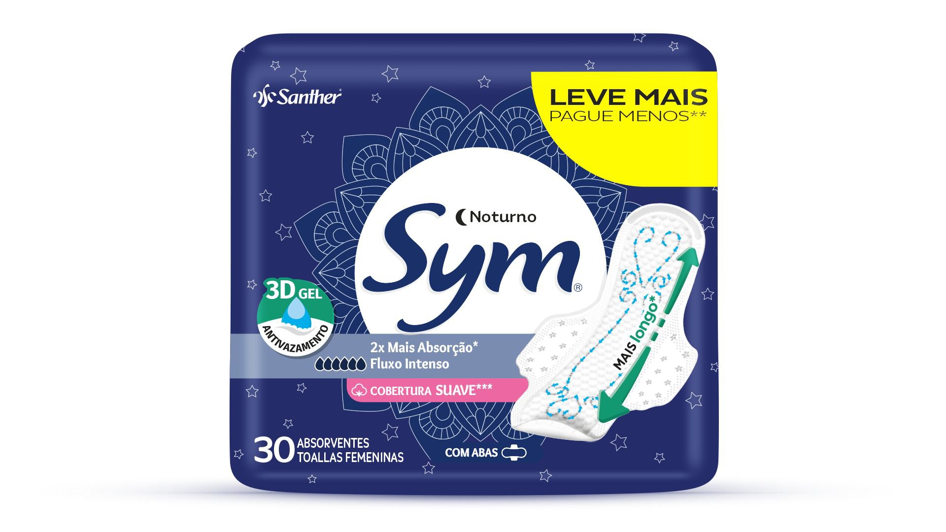 Absorvente Sym Noturno Cobertura Suave 3D Gel C/ Abas C/ 30 Un Leve Mais Pague Menos