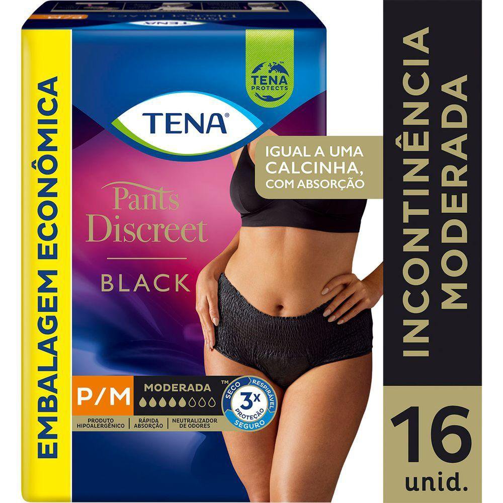 Calcinha Descartavel Tena Pants Discreet Preta P/M 16 Un