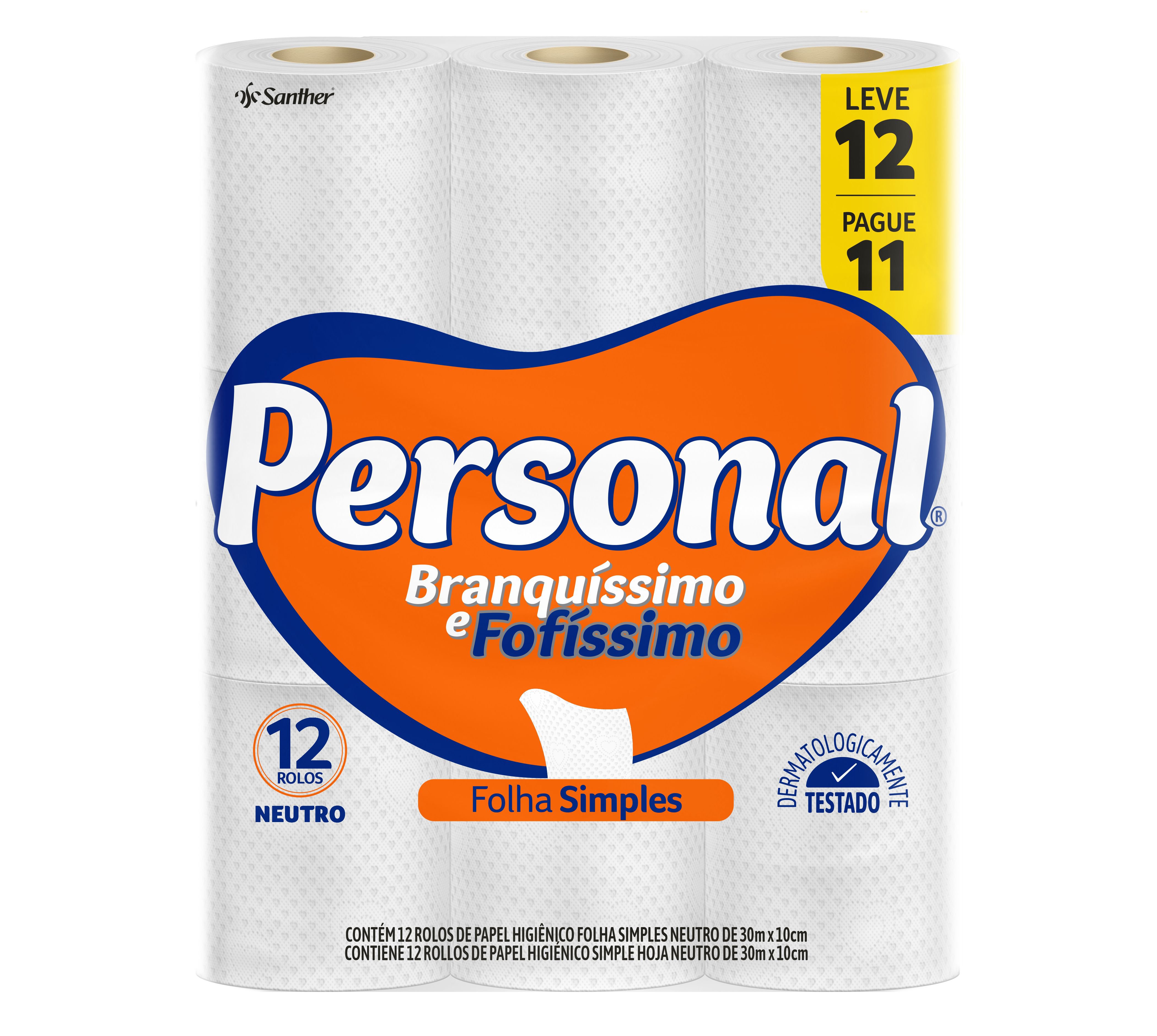 Papel Higienico Folha Simples Neutro Personal 30M Pacote Leve 12 Pague 11 Un