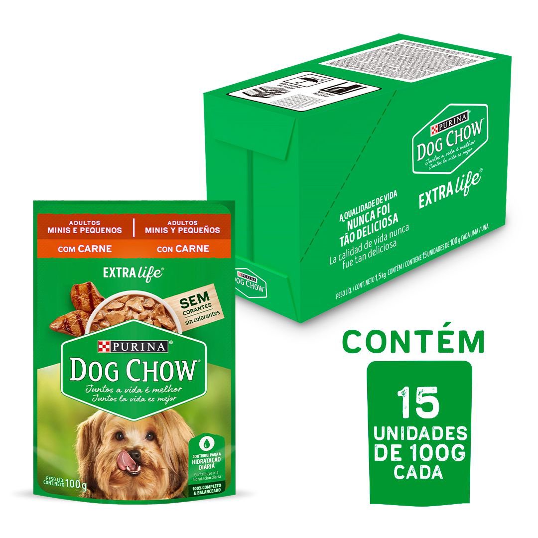 Racao Umida Purina® Dog Chow® Extralife® Para Caes Adultos Minis & Pequenos Carne 100G - 15 Un