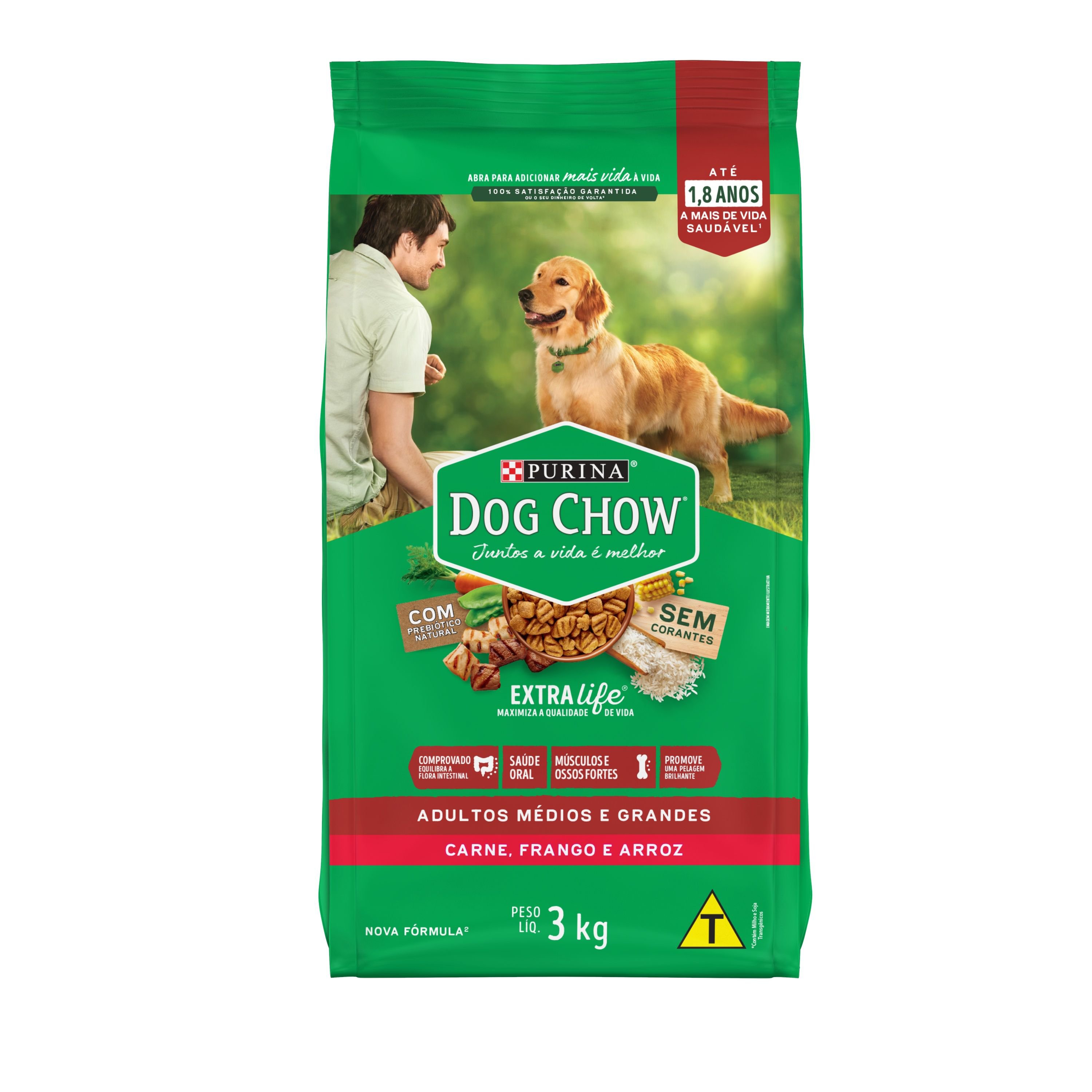 Racao Seca Purina® Dog Chow® Extralife Para Caes Adultos Medios E Grandes Carne, Frango E Arroz 3Kg