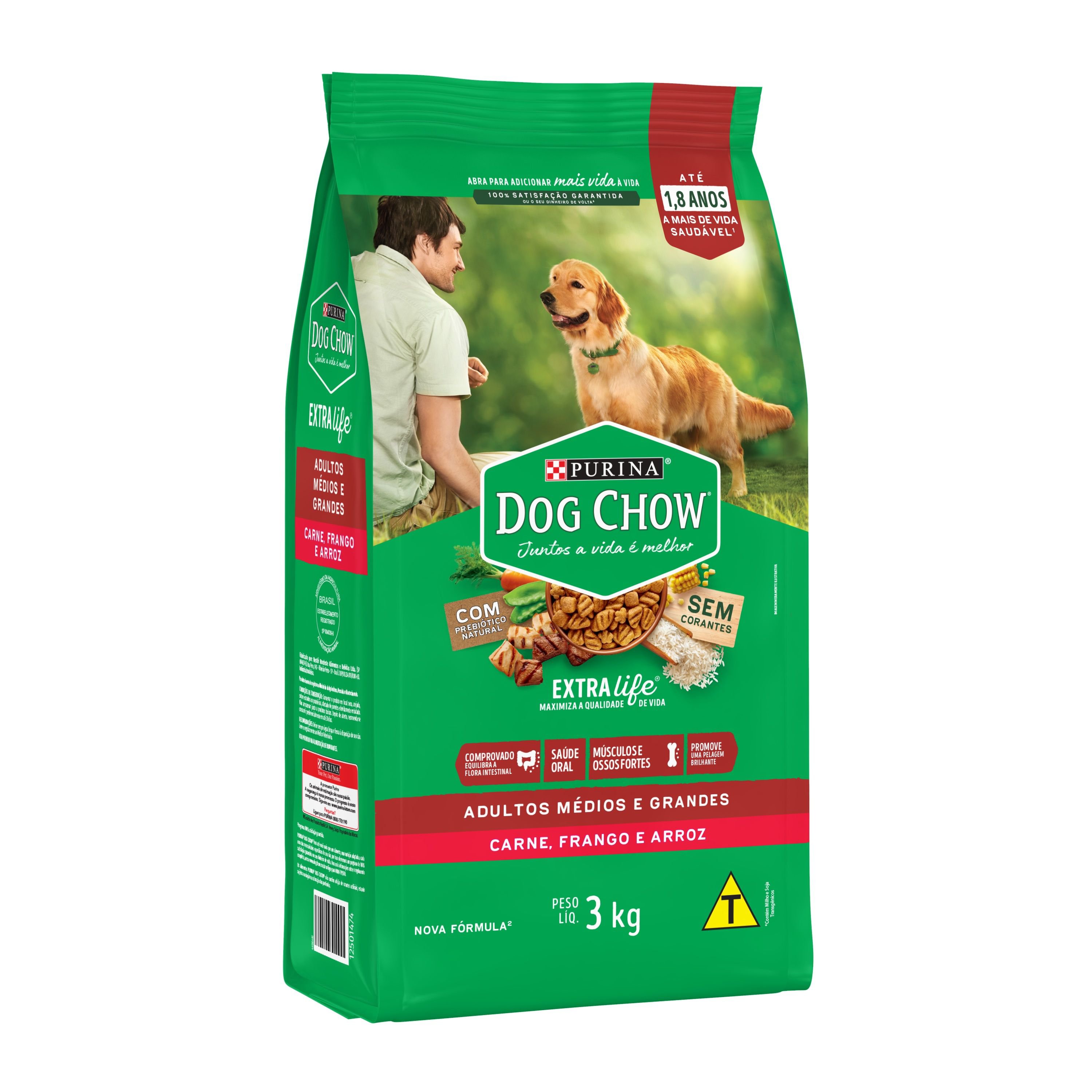 Racao Seca Purina® Dog Chow® Extralife Para Caes Adultos Medios E Grandes Carne, Frango E Arroz 3Kg